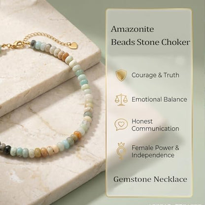 Beaded Necklace for Women,Natural Gemstone Necklace for Women,Colorful Bead Choker Necklace Handmade Surfer Beach Necklace Trendy Jewelry Gift for Women - style: 5x8MM Amazonite