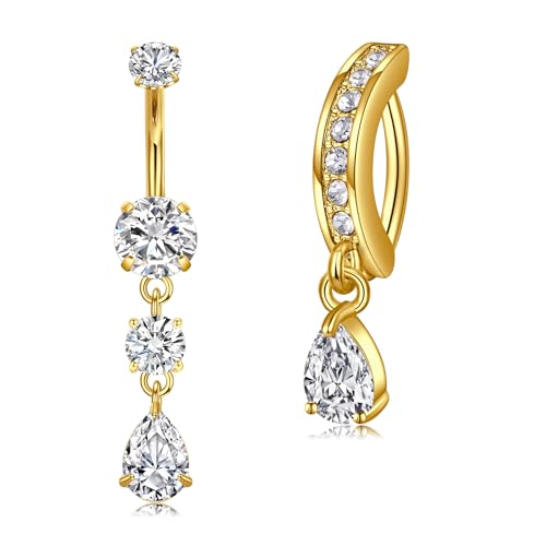 Briana Williams Belly Button Ring Clear CZ Dangle Belly Button Piercing Belly Rings Dangle Belly Button Rings Surgical Steel Teardrop Dangle Belly Button Jewelry for Women Silver Gold - color: C -gold