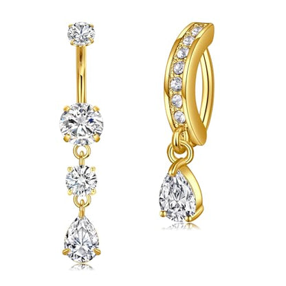 Briana Williams Belly Button Ring Clear CZ Dangle Belly Button Piercing Belly Rings Dangle Belly Button Rings Surgical Steel Teardrop Dangle Belly Button Jewelry for Women Silver Gold - color: C -gold