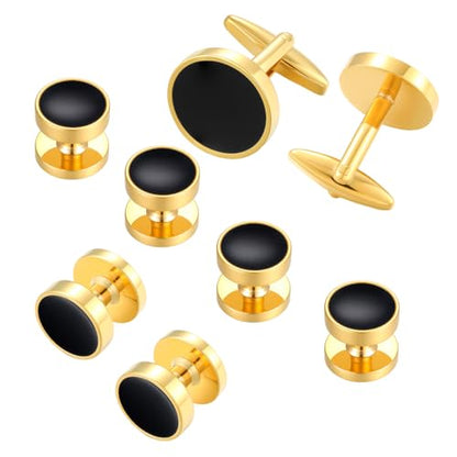 Cufflinks for Men and Tuxedo Shirt Studs Set with Gift Box Stainless Steel Cuff links - style: Gold/Black