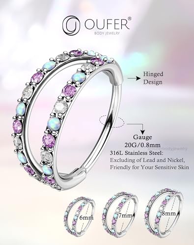 OUFER 20G Nose Rings for Women, 316L Surgical Steel Double Hoop Nose Piercing Jewelry, Opal and CZ Septum Lip Eyebrow Cartilage Conch Rook Helix Tragus Daith Earrings Piercing Jewelry-6/7/8MM - color: Purple CZ