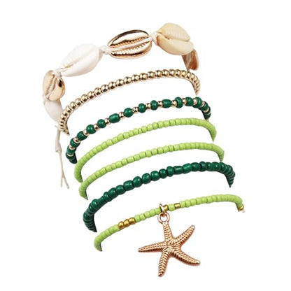 Bohemian Stackable Shell Beaded Ankle Bracelets for Women Colorful Boho Multi-Layer Seashell Gold Starfish Adjustable Handmade Braid Bracelet Summer Beach Holiday Accessories Gifts - color: Green