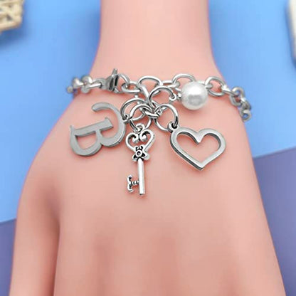 Initial A-Z Bracelets Gift for Women Girls Stainless Steel Chain Bracelet 26 Alphabet Jewelry Gifts for Birthday Anniversary Letter Bracelet Monogram Gifts for Sister Friend Girlfriends Mom 8.26 Inch - color: B