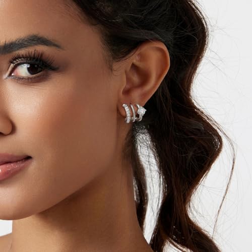 Luxval Tennis Necklace Set for Women Tennis Bracelets Diamond Earrings Sterling Silver Necklace Wedding Jewelry for Bride Silver Jewelry Sets for Women Gift - color: Silver-Illusion Stud Tennis Sets