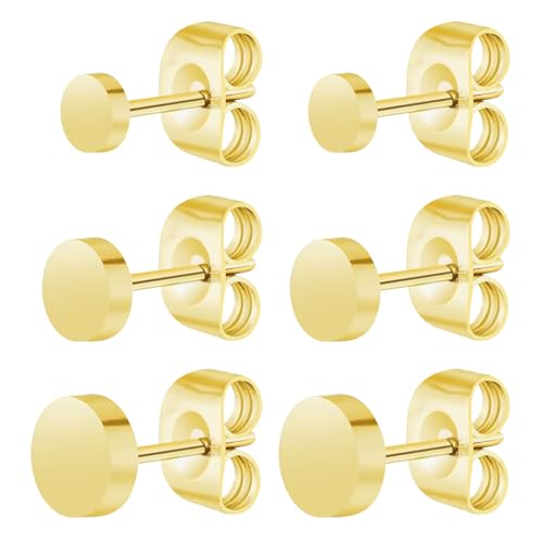 Screw on Earring Backs for Women,Hypoallergenic Surgical Steel Stud Earrings Ball Star Circle Simple Geometric Cartilage Helix Flat Back Piercing Earrings - color: 3Pairs,Gold,Dot(3-5mm)