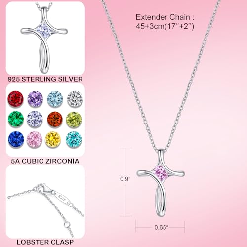 Cross Necklace for Women 925 Sterling Silver Birthstone Necklace for Women | Silver Necklaces with Diamond Sideways Birthstone Jewelry Gifts for Women 45+3cm Adjustable Chain - color: 10-Oct-Tourmaline