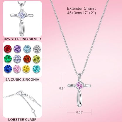 Cross Necklace for Women 925 Sterling Silver Birthstone Necklace for Women | Silver Necklaces with Diamond Sideways Birthstone Jewelry Gifts for Women 45+3cm Adjustable Chain - color: 10-Oct-Tourmaline