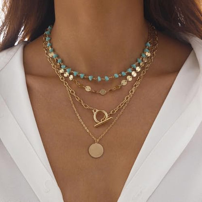 Gold Stack Necklace Chunky Necklaces for Women Trendy Coin Pendant Long Necklaces Western Jewelry for Women Cowgirl Cowboy Chic Country Outfit Boho Accessories Birthday Jewelry Gifts - color: A:Gold Boho