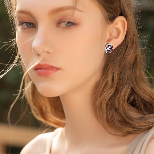 Butterfly Heart Birthstone Crystal Stud Earrings for Women S925 Sterling Silver Heart Birthstone Studs Birthday Gifts for Wife Mother Daughter Girlfriend Mom - color: 02-February