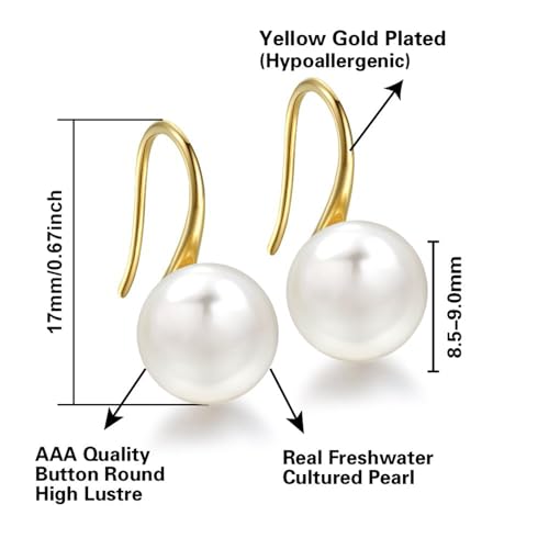 925 Sterling Silver Freshwater Cultured Handpicked AAA+ Quality Pearl Drop Earring for Women - color: Gold Short,White Pearl(0.33-0.35 inches)
