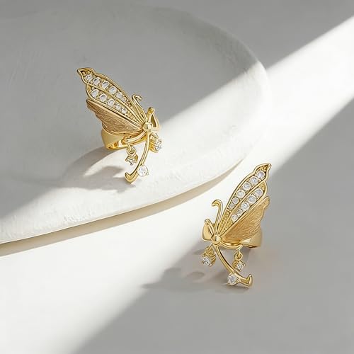 Bemoly Ear Cuff Earrings for Women 14K Gold Plated Cubic Zirconia Dangle Huggie Ear Cuffs Non Piercing | Clip On Cartilage - style: Butterfly