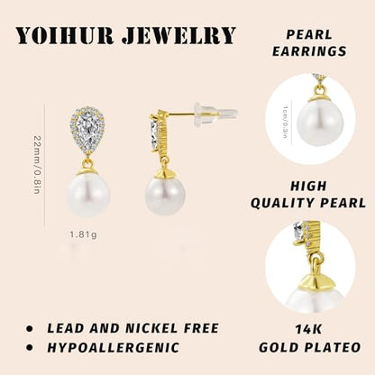 YOIHUR Drop Dangle Pearl Earrings for Women, Dainty 14K Gold Plated Pearl Hoop Earrings Hypoallergenic Wedding Pearls Dangle Earrings Jewelry Gift for Women Bridal - color: Gold-Gentle and Elegant Pearl Earrings