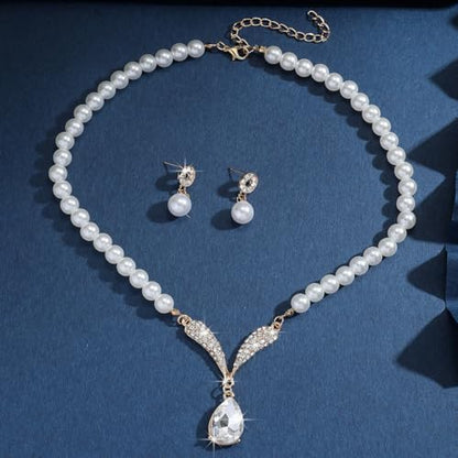 Pearl Necklace and Earring Set for Women,Pearl Jewelry Set Fake Pearls Necklace Imitation Beaded Collar de Perlas Para Mujer Necklaces for Prom Bridesmaid Costume Accessories - color: A-Gold