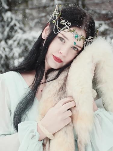 MOSTORY Woodland Elf Crown for Women - Medieval Elf Headpiece with Tassel for Renaissance Renfaire Fae Cosplay Viking Outfit - color: Green-silver