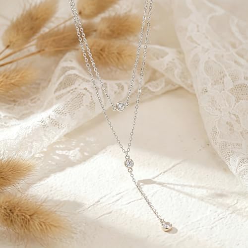 14K Gold Plated Layered Lariat Necklace for Women - Waterproof Non-Tarnish Dainty Gold Chain Necklace, Long Boho Statement Jewelry for Wedding, Prom, Summer Vacation Gifts - color: Layered CZ Y Necklace-Silver