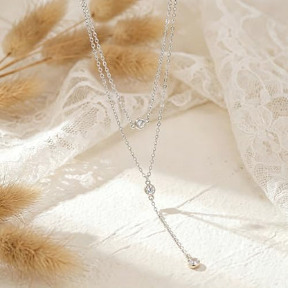 14K Gold Plated Layered Lariat Necklace for Women - Waterproof Non-Tarnish Dainty Gold Chain Necklace, Long Boho Statement Jewelry for Wedding, Prom, Summer Vacation Gifts - color: Layered CZ Y Necklace-Silver