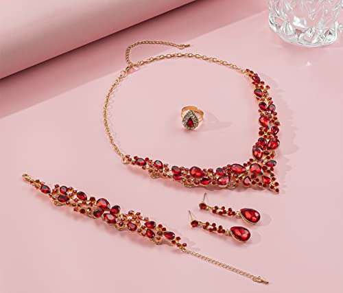 Paxuan Crystal Bridal Wedding Jewelry Sets for Women Rhinestone Teardrop Crystal Statement Choker Necklace Drop Earrings Link Bracelets Rings Teardrop Jewelry Set for Brides Bridesmaids - color: Red