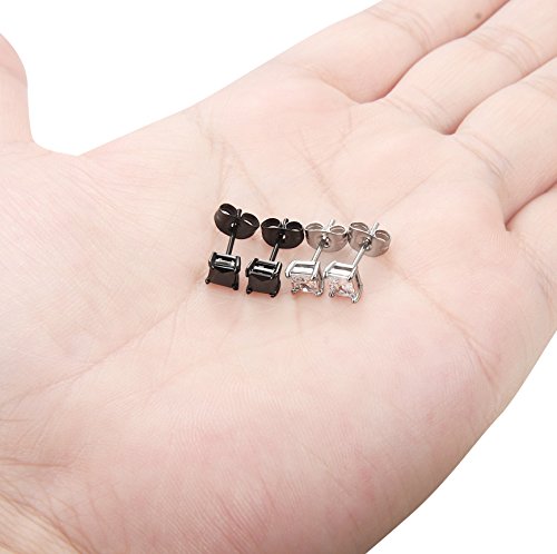 ORAZIO Black Silver Earrings for Men,Stainless Steel Cubic Zirconia Earrings 20G Mens Earrings Hypoallergenic CZ Earrings Studs Trendy Square Earring Studs Set 4-8MM - style: 2 Pairs,Cubic Zirconia Diameter:4mm