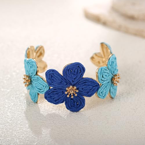 RUOFFETA Raffia Flower Cuff Bracelet for Women, Floral Chunky Bangle Wide Open Cuff Statement Bracelet - color: Blue Ombre