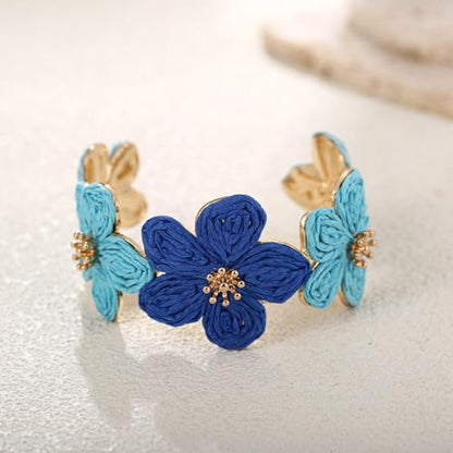 RUOFFETA Raffia Flower Cuff Bracelet for Women, Floral Chunky Bangle Wide Open Cuff Statement Bracelet - color: Blue Ombre
