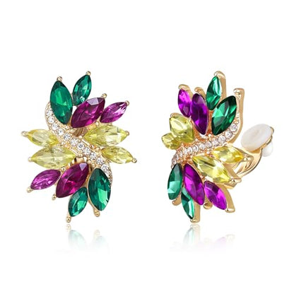 EVER FAITH Sparkly Rhinestone Clip-on Earrings for Women Bride, Fashion Marquise Crystal Cluster Wedding Bridal Stud Earring for Prom Formal Party - color: Purple Green Yellow Gold-Tone