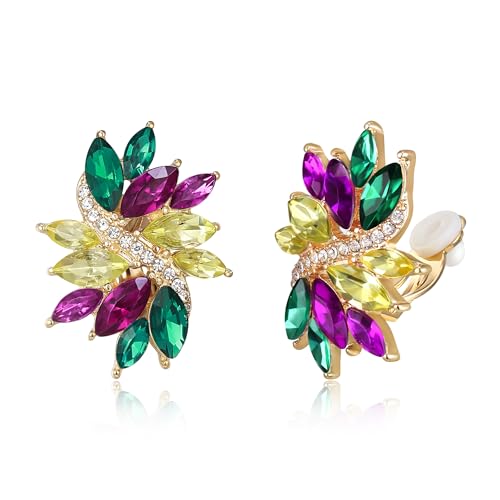 EVER FAITH Sparkly Rhinestone Clip-on Earrings for Women Bride, Fashion Marquise Crystal Cluster Wedding Bridal Stud Earring for Prom Formal Party - color: Purple Green Yellow Gold-Tone