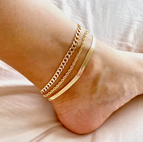 DEARMAY Gold Anklets for Women Waterproof | Non Tarnish14K Gold Plated Ankle Bracelets Set Stack, Summer Beach Jewelry Gifts for Vacation - color: Gold Anklet-D