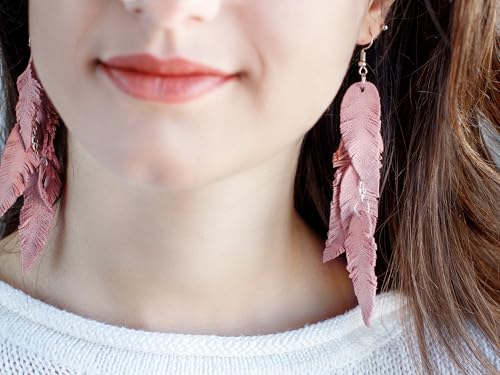 Leather Feather Earrings, Suede layered earrings, boho wedding jewelry, summer earrings, gift for her, dangle earrings - color: light pink