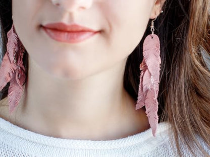 Leather Feather Earrings, Suede layered earrings, boho wedding jewelry, summer earrings, gift for her, dangle earrings - color: light pink