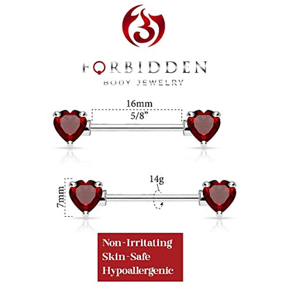 Forbidden Body Jewelry Pair of Surgical Steel 1/2-5/8 Inch (12-16mm) Cubic Zirconia Crystal Double Heart Nipple Barbells - style: Red