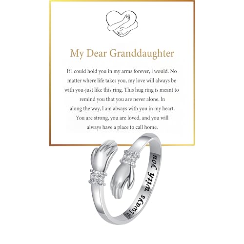Granddaughter Daughter Hug Ring For Hope Rings, Stainless Steel Inspirational Jewelry Engraved Always With You Love You Forever Message Adjustable Non Tarnish Jewelry Birthday Gift Card - color: CZ Always(Dear)