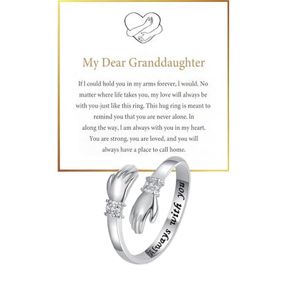 Granddaughter Daughter Hug Ring For Hope Rings, Stainless Steel Inspirational Jewelry Engraved Always With You Love You Forever Message Adjustable Non Tarnish Jewelry Birthday Gift Card - color: CZ Always(Dear)