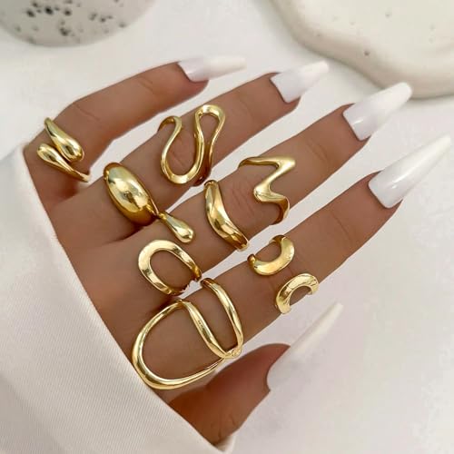 FAXHION 12PCS Gold Stackable Rings Set for Women, 18K Gold Plated Open Stacking Knuckle Ring, Adjustable Chunky Signet Band Statement Ring for Gift - color: 3-Gold Irregular