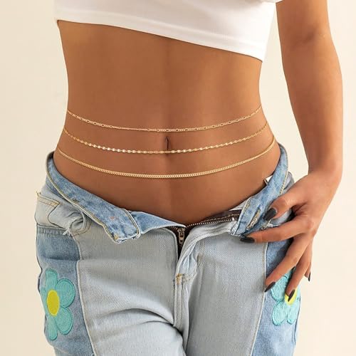 CHESKY 14K Gold Plated Waist Chain for Women, Layered Waist Beads | Silver Plated Gold Body Chains, Beach Summer, Waterproof Snake Belly Belt Chain, Festival Jewelry Accessories for Women - style: 3layer-gd