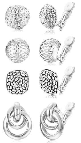 ORAZIO 4Pairs Clip On Earrings for Women Gold Silver Clip On Hoop Earrings Chunky Teardrop Clip Earrings Twist Round Clip On Stud Earrings No Piercing Fake Earrings Set - color: Silver Tone
