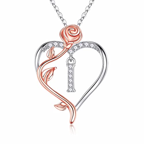 Iefil Rose Heart Initial Necklace, Anniversary Birthday Gifts for Women | Gift Box Packaging, 925 Sterling Silver, Jewelry Gift for Her Wife Mom Girlfriend, Initial A-Z, 19+2inches - color: IEFIL Jewelry Box, style: I