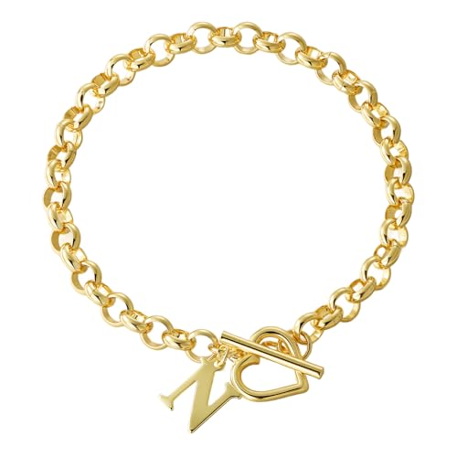14K Gold Plated Stainless Steel A-Z Alphabet Letter Heart Bracelet | Non-Tarnish Dainty Charm with a Romantic Toggle Clasp Daily Fashion Jewelry, 7-inch Rolo Chain, Personalized Gift for Her - color: N