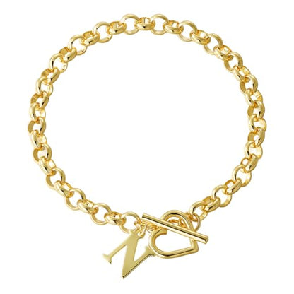 14K Gold Plated Stainless Steel A-Z Alphabet Letter Heart Bracelet | Non-Tarnish Dainty Charm with a Romantic Toggle Clasp Daily Fashion Jewelry, 7-inch Rolo Chain, Personalized Gift for Her - color: N