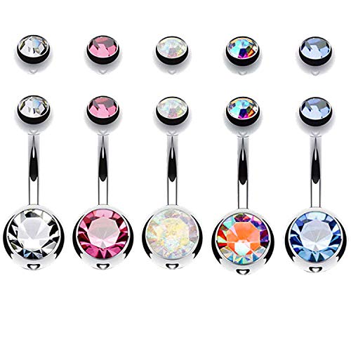 BodyJ4You 5PC Belly Button Rings Set - 14G - Multicolor Surgical Stainless Steel - Shiny CZ Crystals - Clear Pink Aqua Black - Replacement Extra Pack - Women Body Piercing Jewelry - color: Silvertone - Clear, Pink, Aurora, Multicolor, Aqua