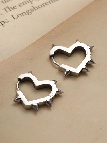 Huggie Hoop Spike Heart Earrings, Gothic Punk Grunge Emo Y2k Earrings, Goth Jewelry, Christmas Jewelry Gift For Women - color: silver