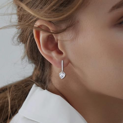 Heart Hoop Earrings with Dangle Sterling Silver Love Heart-Shaped Loop Earrings for Women Hypoallergenic Sparkle Birthstone Cubic Zirconia Hoop Earring with Dangling Charms Dainty Fashion Jewelry Gift - color: Silver