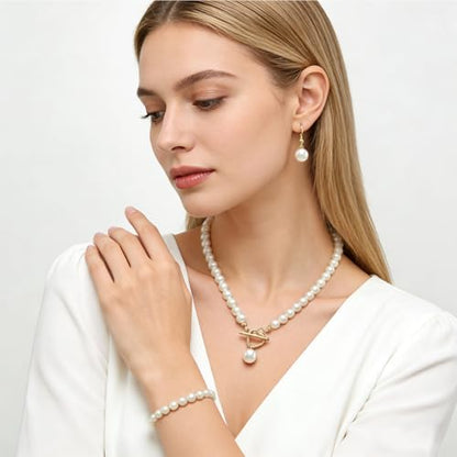 Cryshimmer Pearl Choker Necklace for Women Faux Pearl Beads Strand Necklace Earring Set Costume Jewelry,Gift for Wife Mother - color: Heart Toggle
