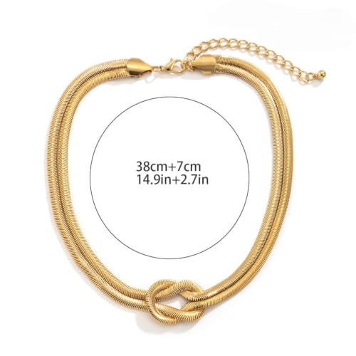 Silver Tone Double Chain Snake Knot Choker Necklace for Women, Adjustable Mesh Layered Jewelry Set - color: golden