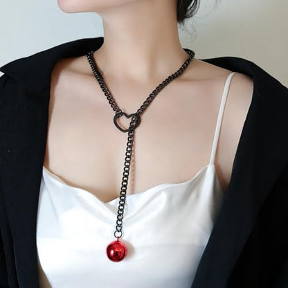Slip Chain Choker for Women Handmade Black Stainless Steel Cuban Chain Chunky Moon Bat Raven Skull Pendant Gothic Punk Rock Collar Adjustable Lariat Y Necklace for Men - style: Red bell