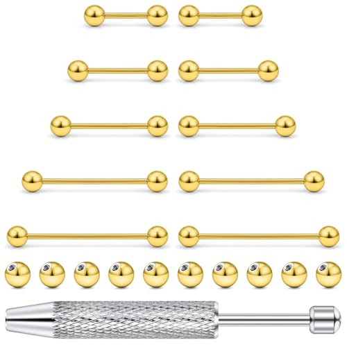Prjndjw 14G Surgical Stainless Steel Tongue Rings Set 12/14/16/18/22mm 5mm Round Ball Tongue Barbells Nipple Rings with Removal Tool for Women Men 21 Pieces - color: Gold-plated 12/14/16/18/22 Barbell Piercing Jewelry