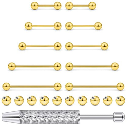 Prjndjw 14G Surgical Stainless Steel Tongue Rings Set 12/14/16/18/22mm 5mm Round Ball Tongue Barbells Nipple Rings with Removal Tool for Women Men 21 Pieces - color: Gold-plated 12/14/16/18/22 Barbell Piercing Jewelry
