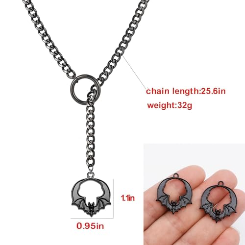 Slip Chain Choker for Women Handmade Black Stainless Steel Cuban Chain Chunky Moon Bat Raven Skull Pendant Gothic Punk Rock Collar Adjustable Lariat Y Necklace for Men - style: Bats