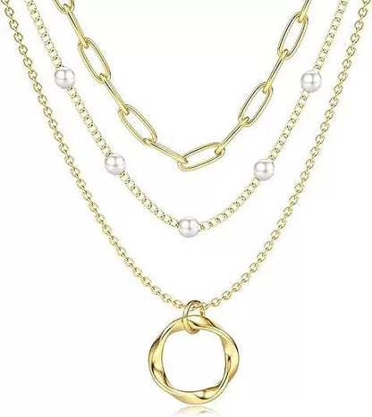 Evabelle Gold Layered Necklace for Women Trendy Jewelry 14K Real Gold Plated Chunky Chain Stackable Necklaces Dainty Choker Necklaces Rectangle Square Pendant - color: Gold Necklace 08-C