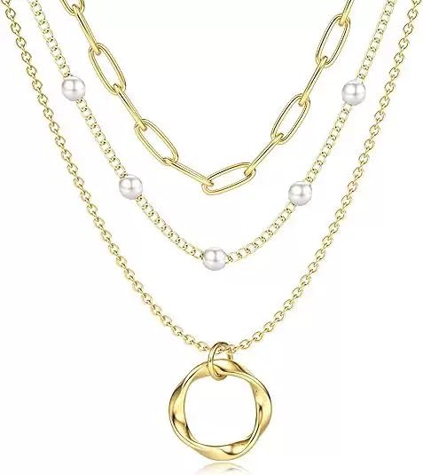 Evabelle Gold Layered Necklace for Women Trendy Jewelry 14K Real Gold Plated Chunky Chain Stackable Necklaces Dainty Choker Necklaces Rectangle Square Pendant - color: Gold Necklace 25