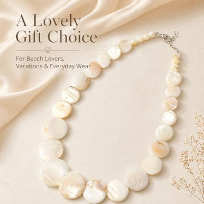 Shell Necklace for Women, White Disc Mother of Pearl Look Statement Choker | White disc beach jewelry with a mother of pearl look and adjustable fit for summer vacation, coastal and resort outfits.